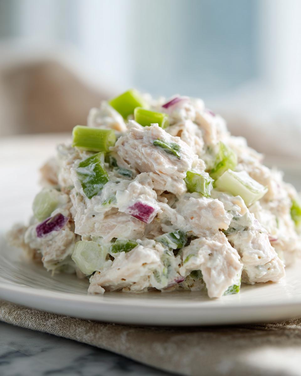A close-up mound of creamy cottage cheese chicken salad mixed with chopped celery and red onion on a white plate.