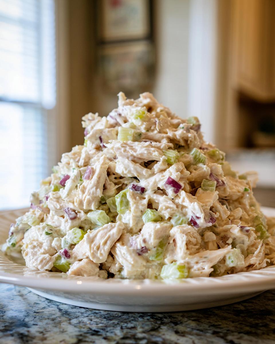 A large mound of creamy cottage cheese chicken salad mixed with visible chunks of celery and red onion, served on a white plate.