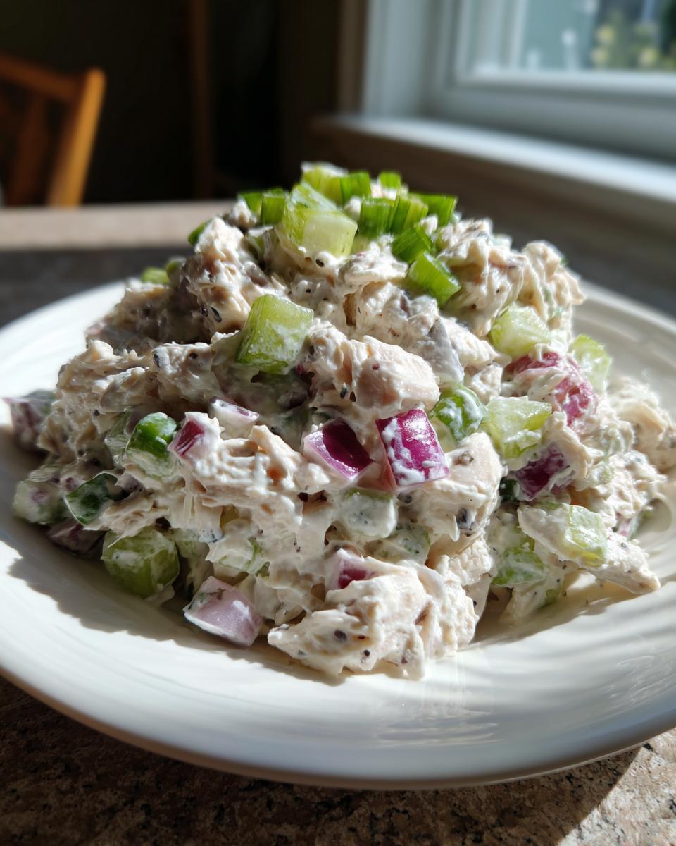 A mound of creamy cottage cheese chicken salad mixed with red onion and celery, topped with chopped green onions, served on a white plate.