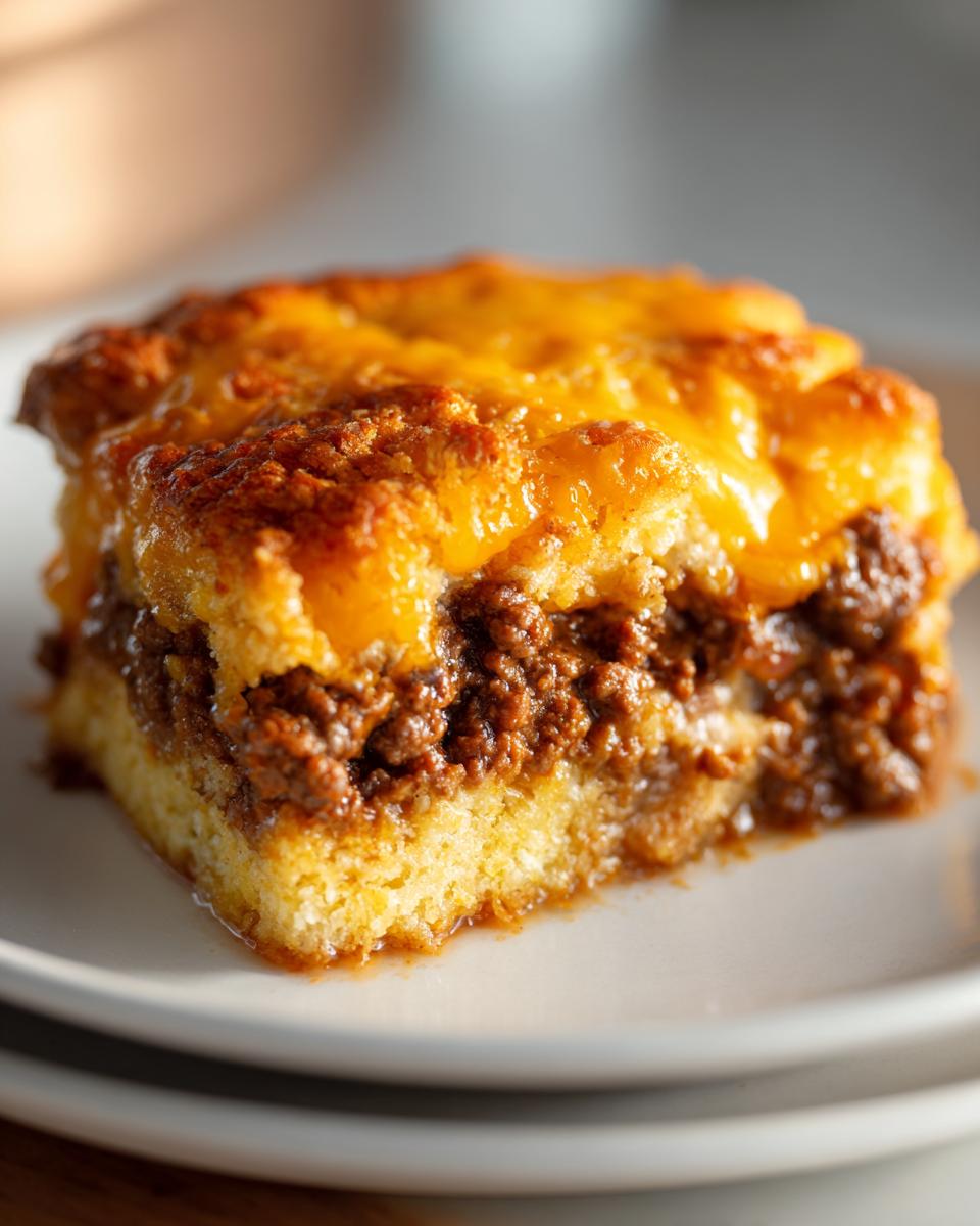 A close-up of a single serving scoop of cowboy cornbread casserole with a savory meat filling and melted cheddar cheese topping.