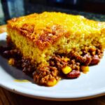 A scoop of cowboy cornbread casserole showing a thick layer of cheesy cornbread over a hearty chili base with beans and corn.