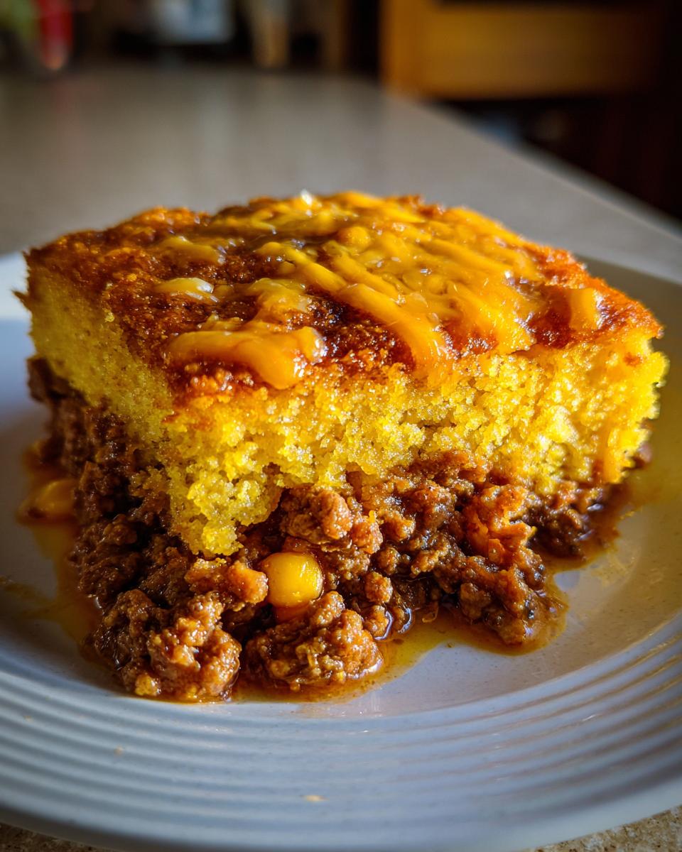A square scoop of cowboy cornbread casserole with a thick layer of chili and melted cheese on top.