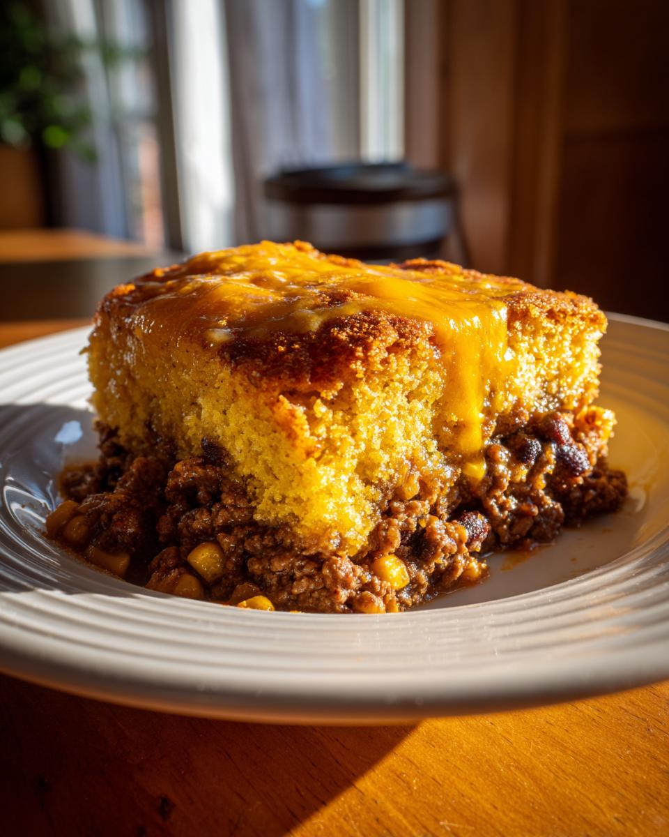 A hearty scoop of cowboy cornbread casserole featuring a thick layer of golden cornbread topped with melted cheddar cheese over a meaty chili base.
