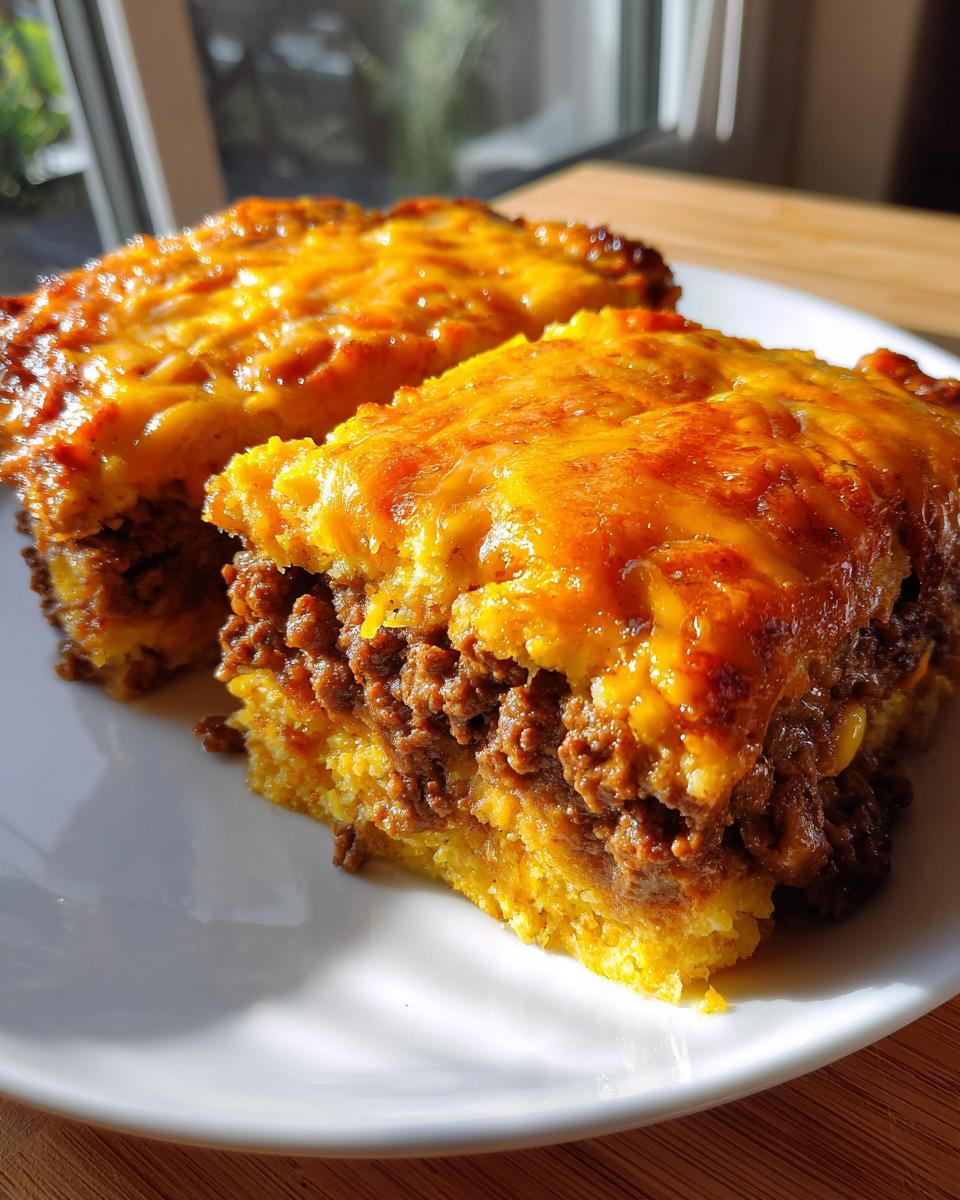 Two hearty slices of cowboy cornbread casserole featuring a savory meat layer topped with melted cheddar cheese.