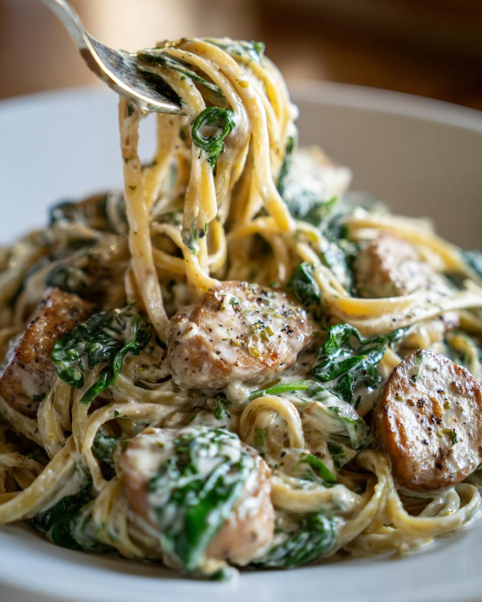 A fork lifting a swirl of creamy chicken sausage pasta mixed with spinach from a white bowl.