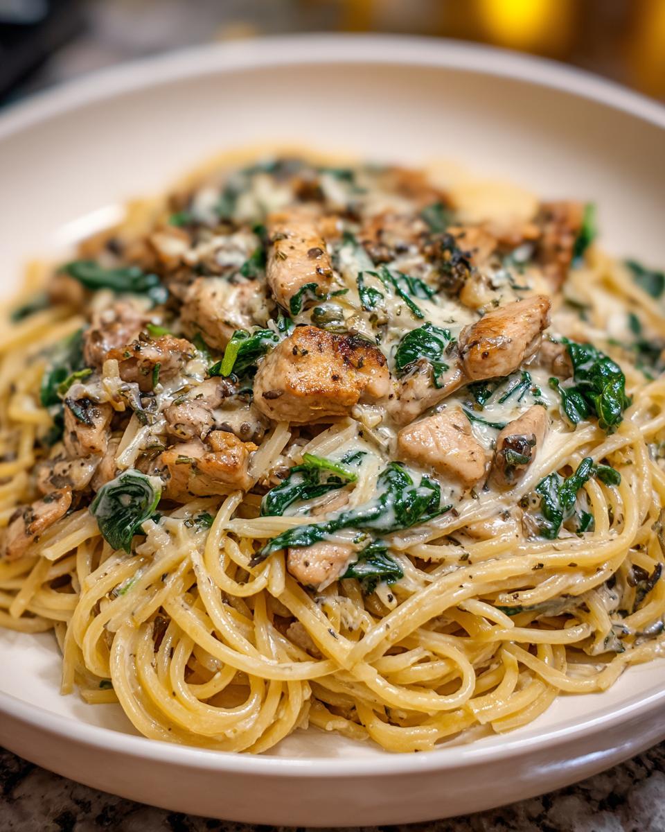 A close-up bowl of creamy chicken sausage pasta featuring linguine, browned sausage pieces, and wilted spinach.