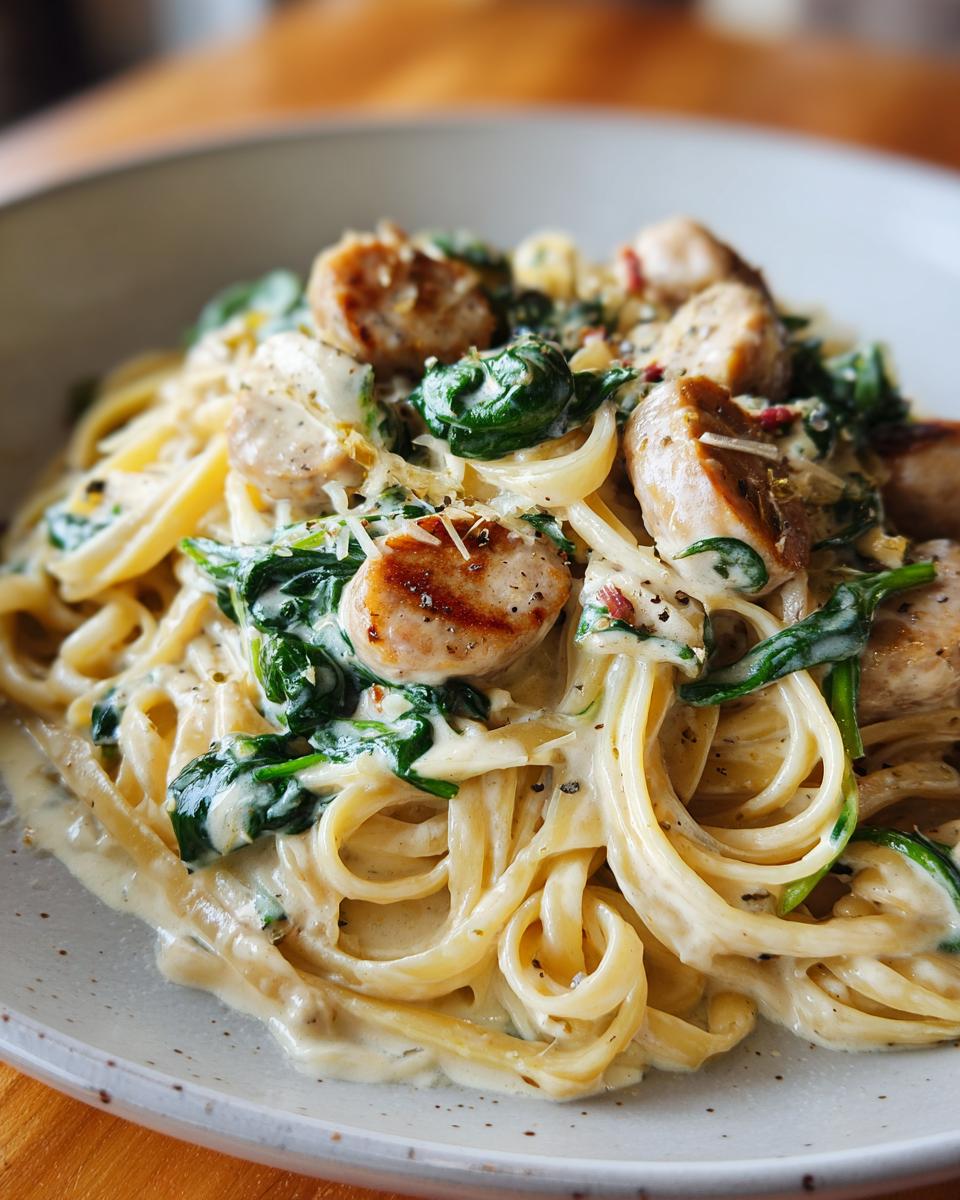 Close-up of creamy chicken sausage pasta featuring fettuccine, sliced sausage, and wilted spinach.