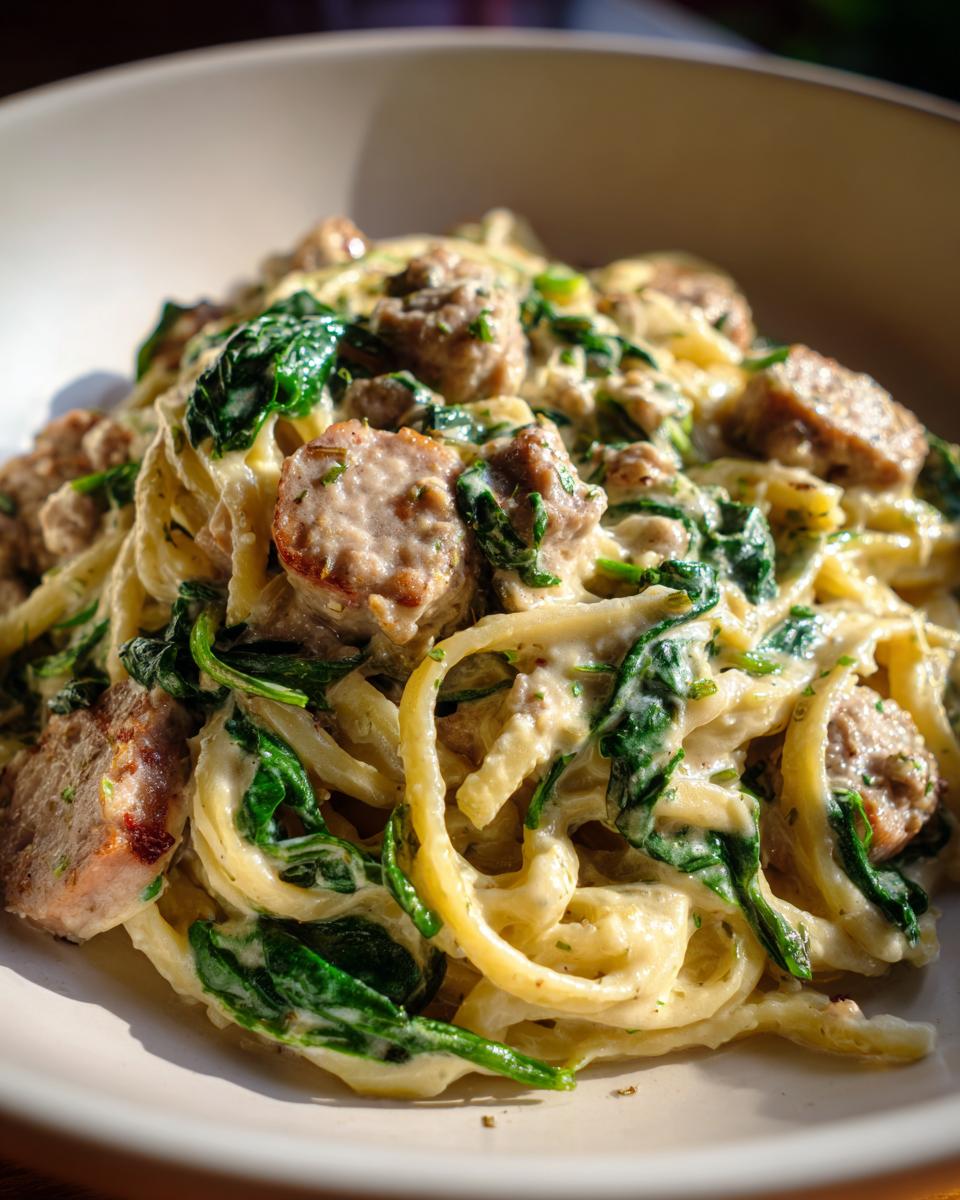 Close-up of creamy chicken sausage pasta tossed with wilted spinach in a light sauce.