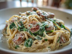 Close-up of creamy chicken sausage pasta tossed with wilted spinach in a rich white sauce.