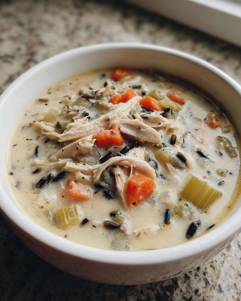 Close-up of creamy chicken wild rice soup topped with shredded chicken, carrots, and celery in a white bowl.