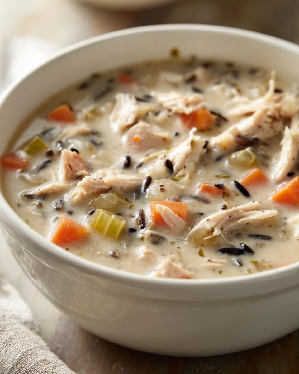 Close-up of a creamy chicken wild rice soup, showing shredded chicken, wild rice, carrots, and celery.
