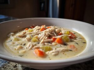 A close-up of a hearty bowl of creamy chicken wild rice soup, featuring shredded chicken, carrots, and celery.