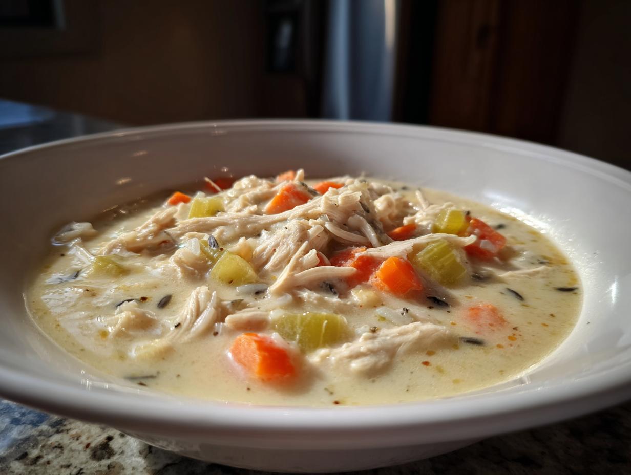 A close-up of a hearty bowl of creamy chicken wild rice soup, featuring shredded chicken, carrots, and celery.