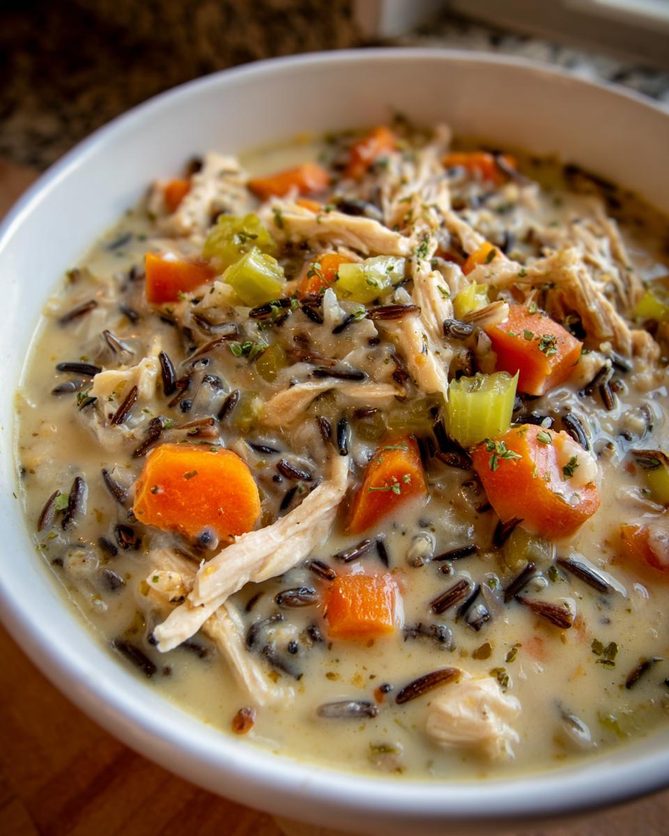Close-up of a hearty bowl of creamy chicken wild rice soup with visible chunks of carrot and celery.