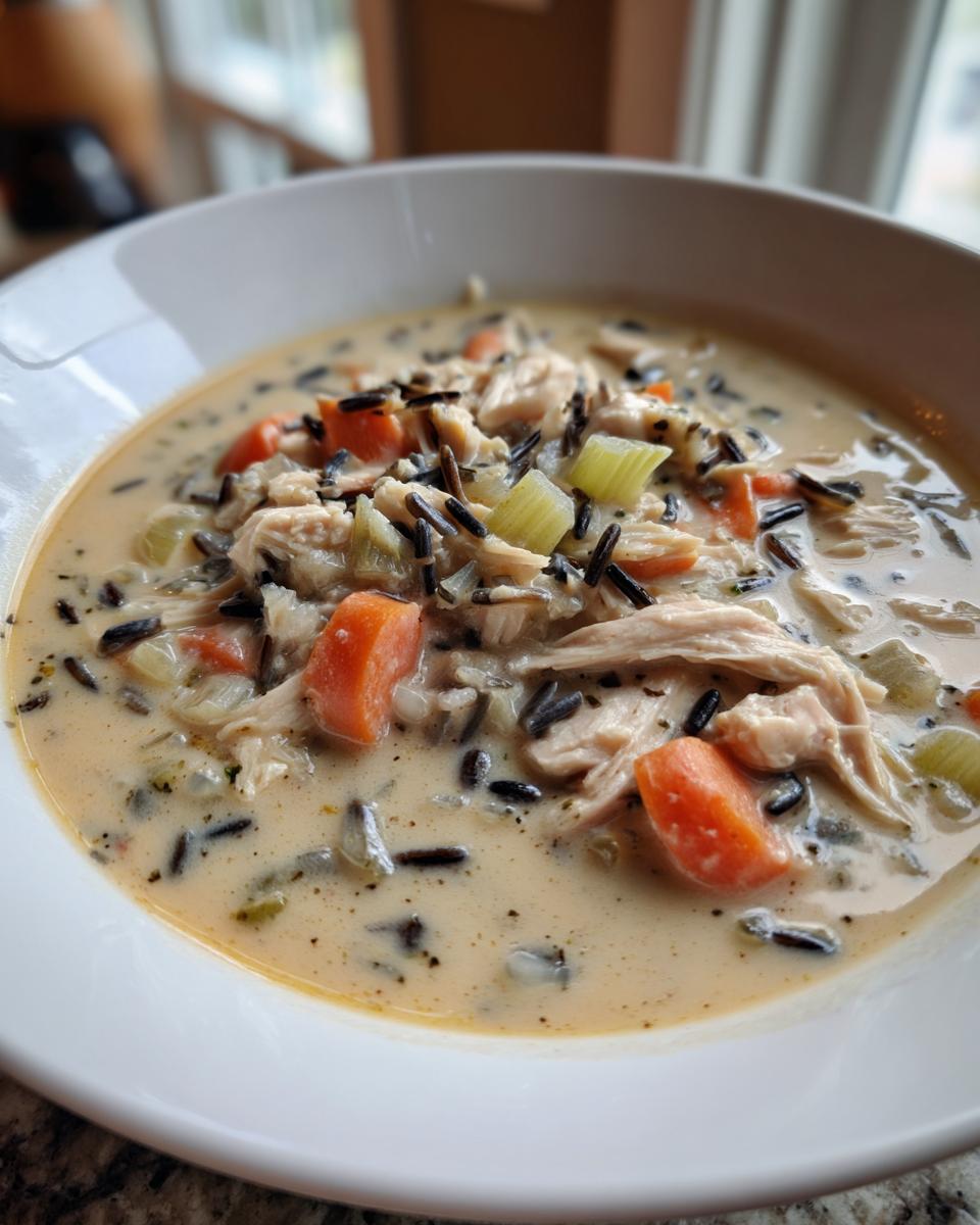 Close-up of a bowl of creamy chicken and wild rice soup with chunks of carrot and celery.