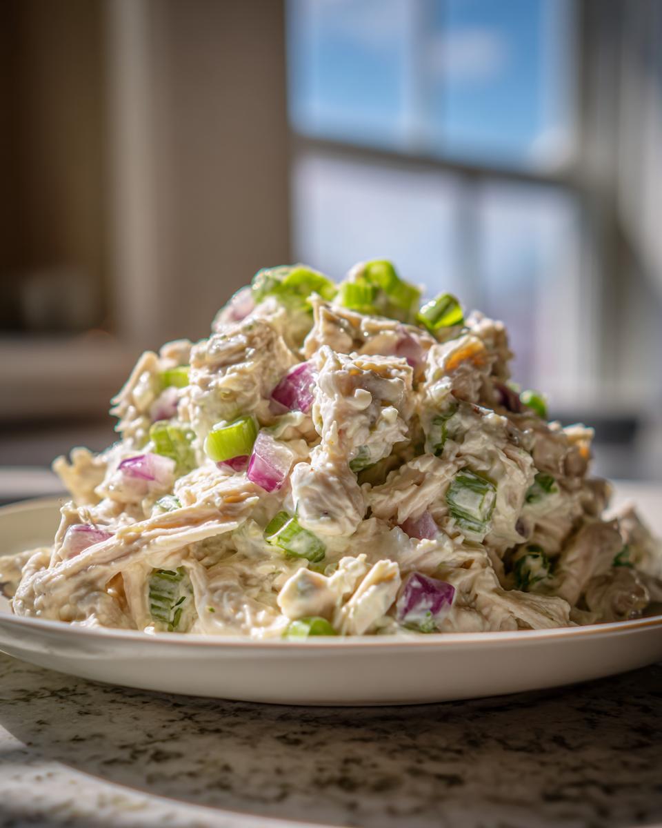 A mound of creamy cottage cheese chicken salad mixed with chopped red onion and green onions, served on a white plate.
