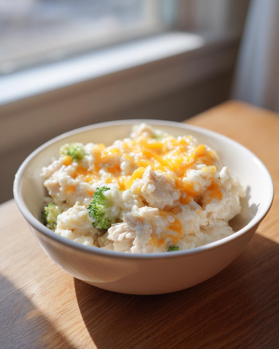 A white bowl filled with creamy crock pot chicken and rice, topped with melted cheddar cheese and pieces of broccoli.