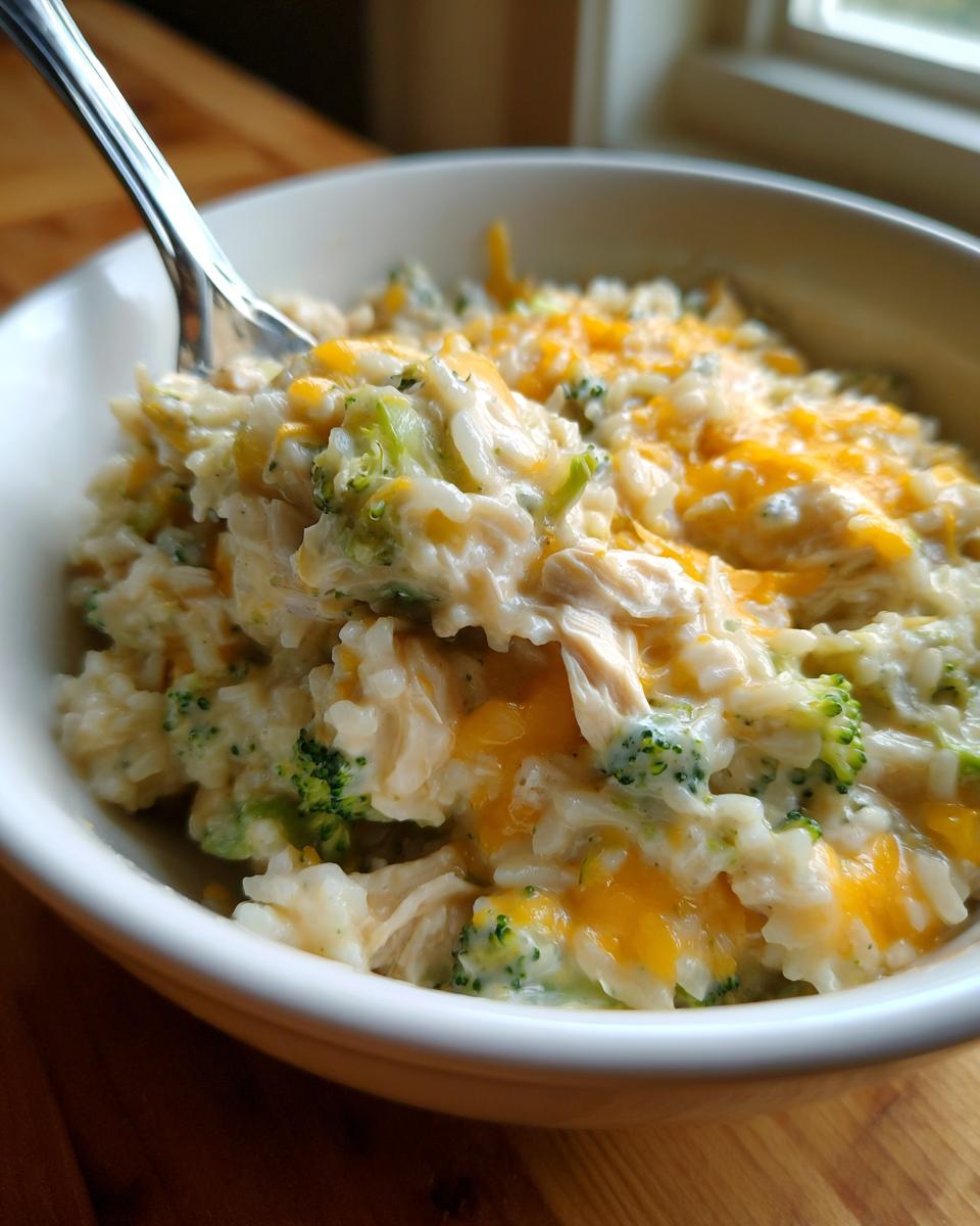 A close-up of creamy crock pot chicken and rice mixed with broccoli and topped with melted cheddar cheese.