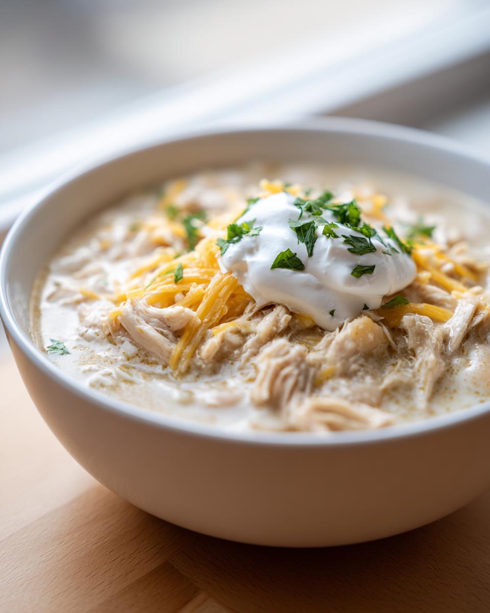 A close-up of a bowl of creamy crockpot white chicken chili topped with shredded cheese, sour cream, and parsley.