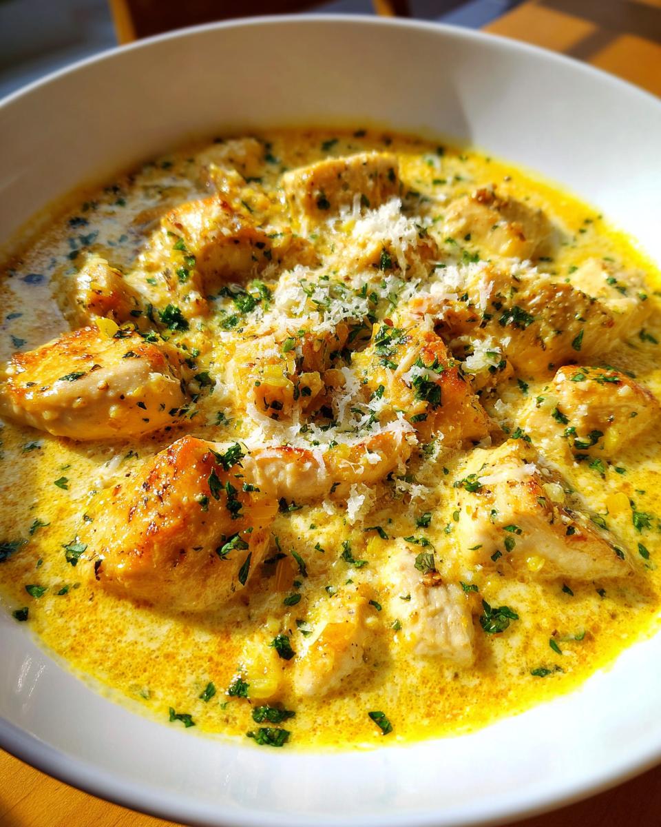 A close-up of golden chicken pieces swimming in a rich, yellow creamy lemon chicken sauce, topped with grated cheese and fresh parsley.