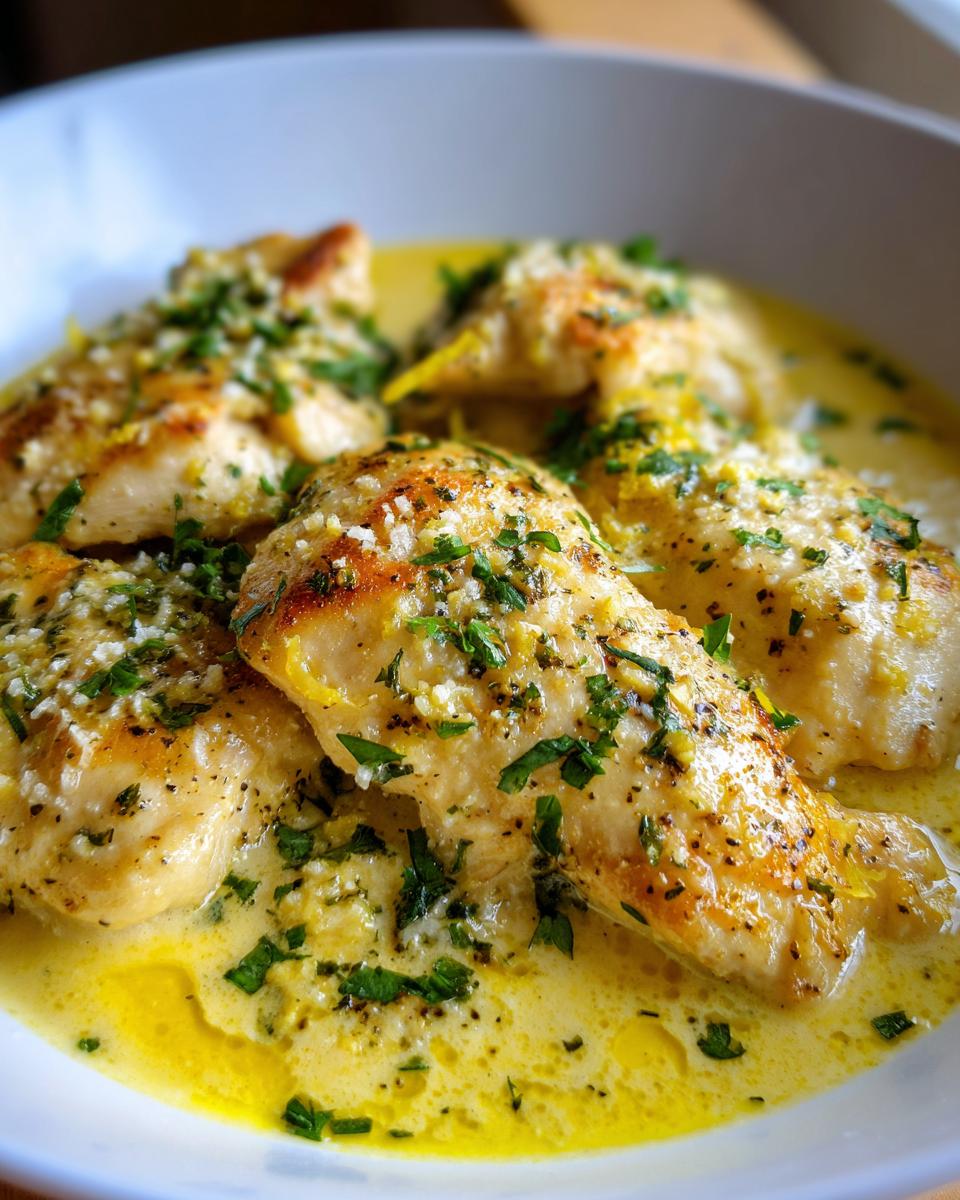 Four pieces of seared chicken breast swimming in a rich, creamy lemon sauce and topped with fresh parsley.