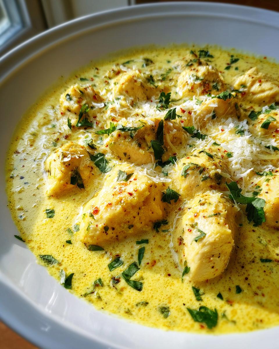 Close-up of tender chicken pieces submerged in a rich, bright yellow creamy lemon chicken sauce, topped with parsley and grated cheese.