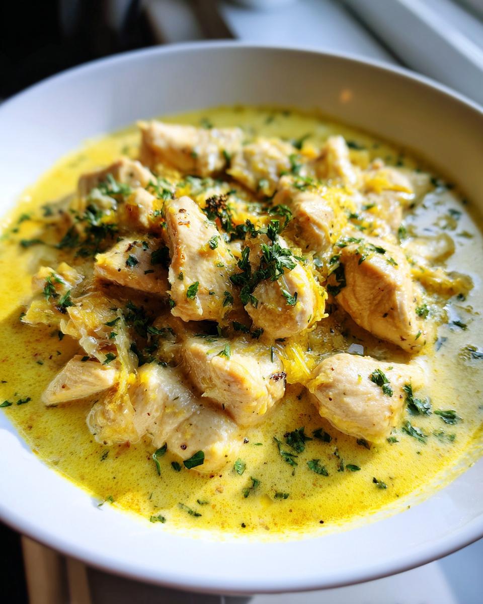 A close-up bowl of creamy lemon chicken pieces swimming in a vibrant yellow sauce, garnished with fresh parsley.