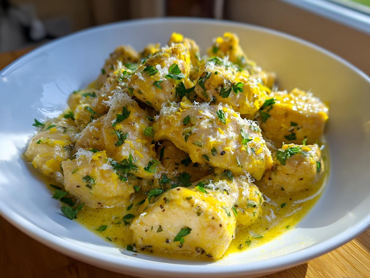 Close-up of bite-sized pieces of creamy lemon chicken coated in a bright yellow sauce, topped with parsley and grated cheese.