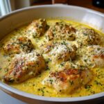 Close-up of seared chicken breasts simmering in a rich, creamy lemon sauce, topped with grated Parmesan and fresh parsley.