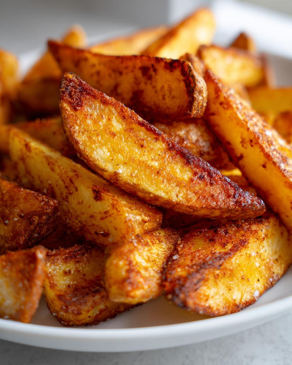 Close-up of golden brown, crispy seasoned air fryer potato wedges piled high on a white plate.