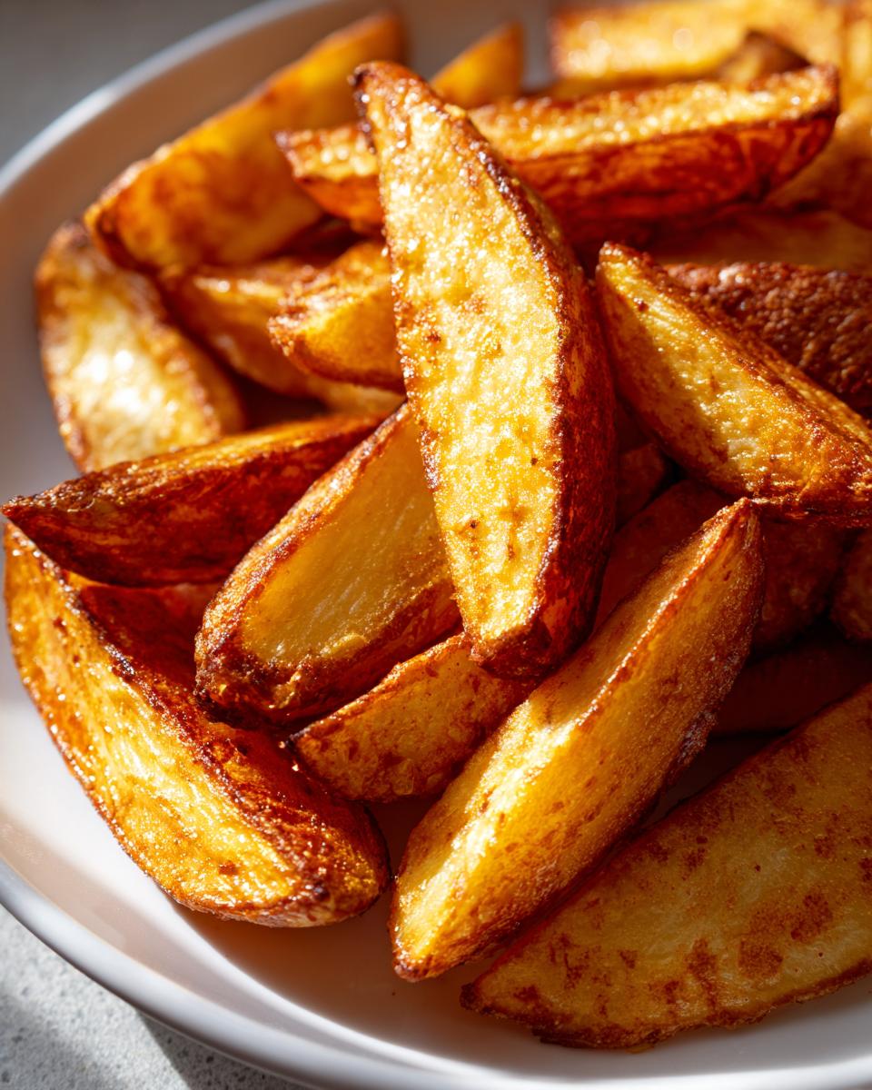 Close-up of perfectly crispy, golden brown air fryer potato wedges piled high on a white plate.