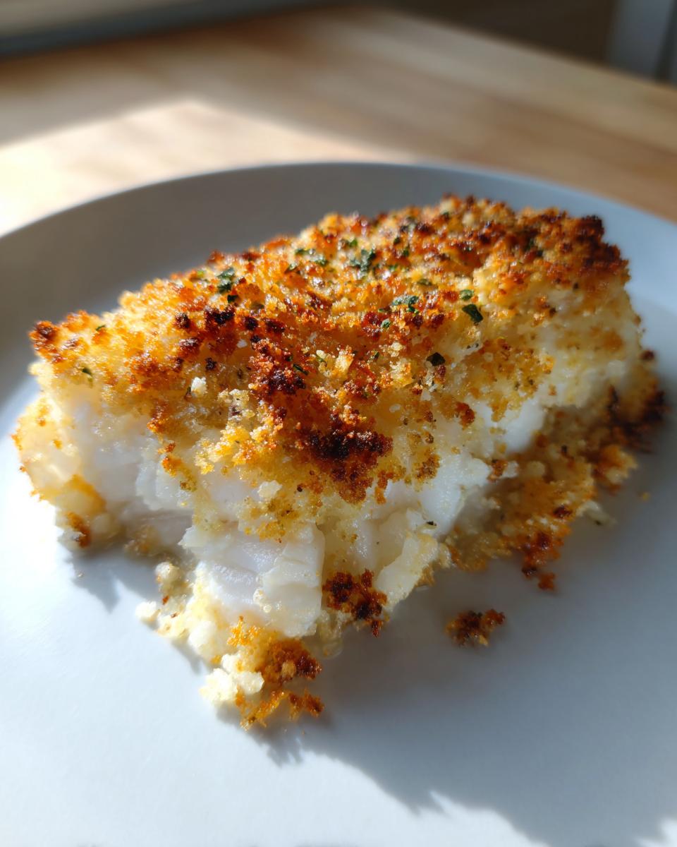 Close-up of a piece of baked food with a golden, crispy topping, likely Garlic parmesan chicken bake.