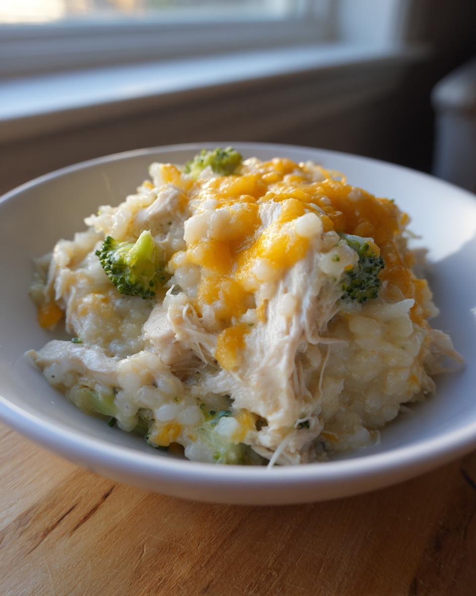 A close-up of a white bowl filled with creamy crock pot chicken and rice mixed with broccoli florets and topped with melted cheddar cheese.
