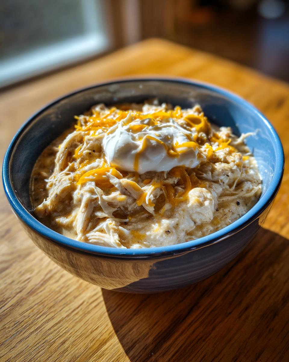 A close-up of a hearty bowl of crockpot white chicken chili topped with shredded cheese and sour cream.