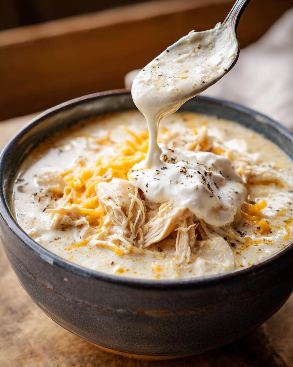 A spoonful of sour cream is being drizzled over shredded chicken and cheese in a bowl of crockpot white chicken chili.