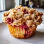 A close-up of a moist strawberry muffin topped with a generous layer of golden brown streusel crumb topping.