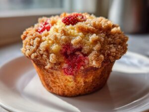 A close-up, brightly lit photo of a freshly baked strawberry muffin with a thick, sugary crumb topping.