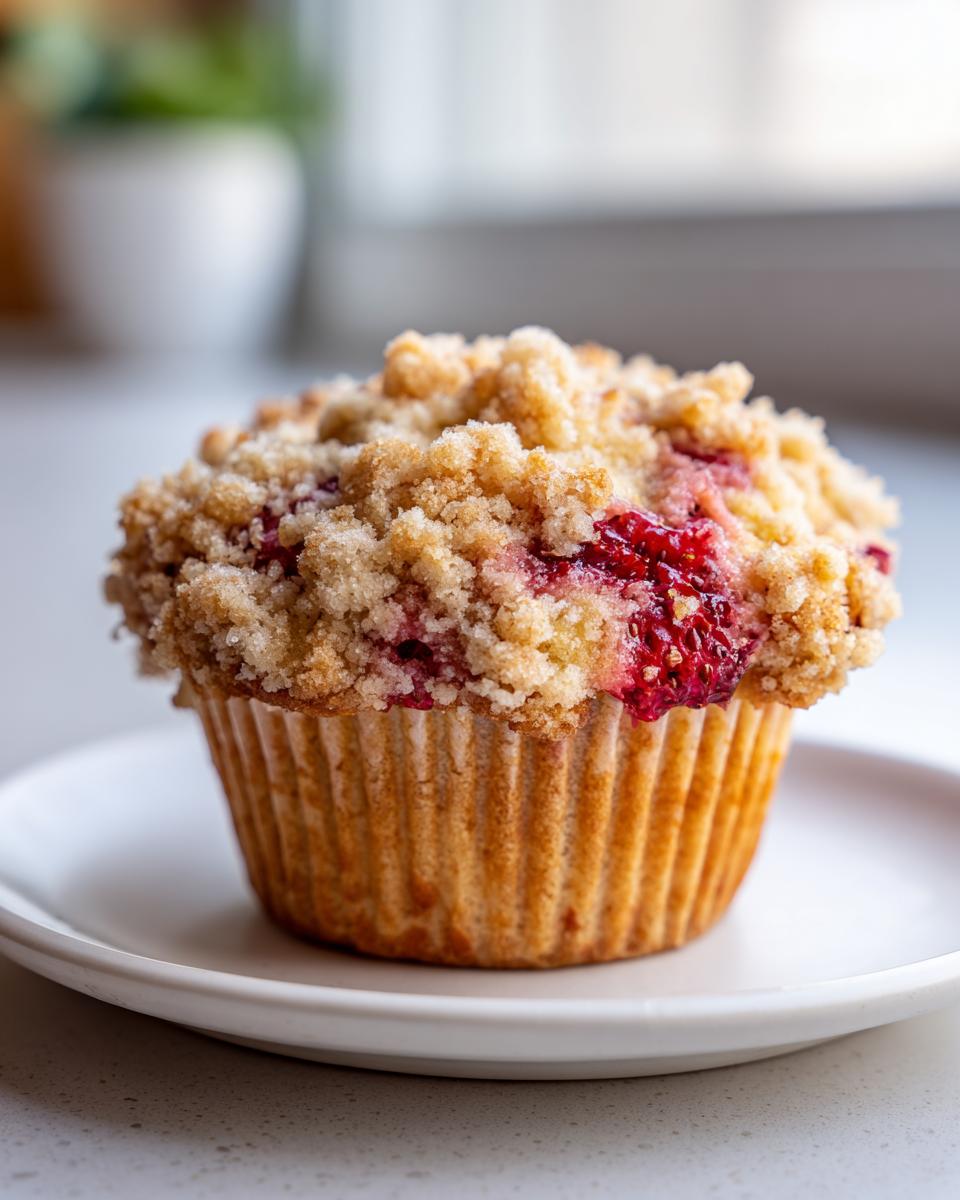 A close-up of a single, perfectly baked strawberry muffins with a thick, golden brown streusel crumb topping.
