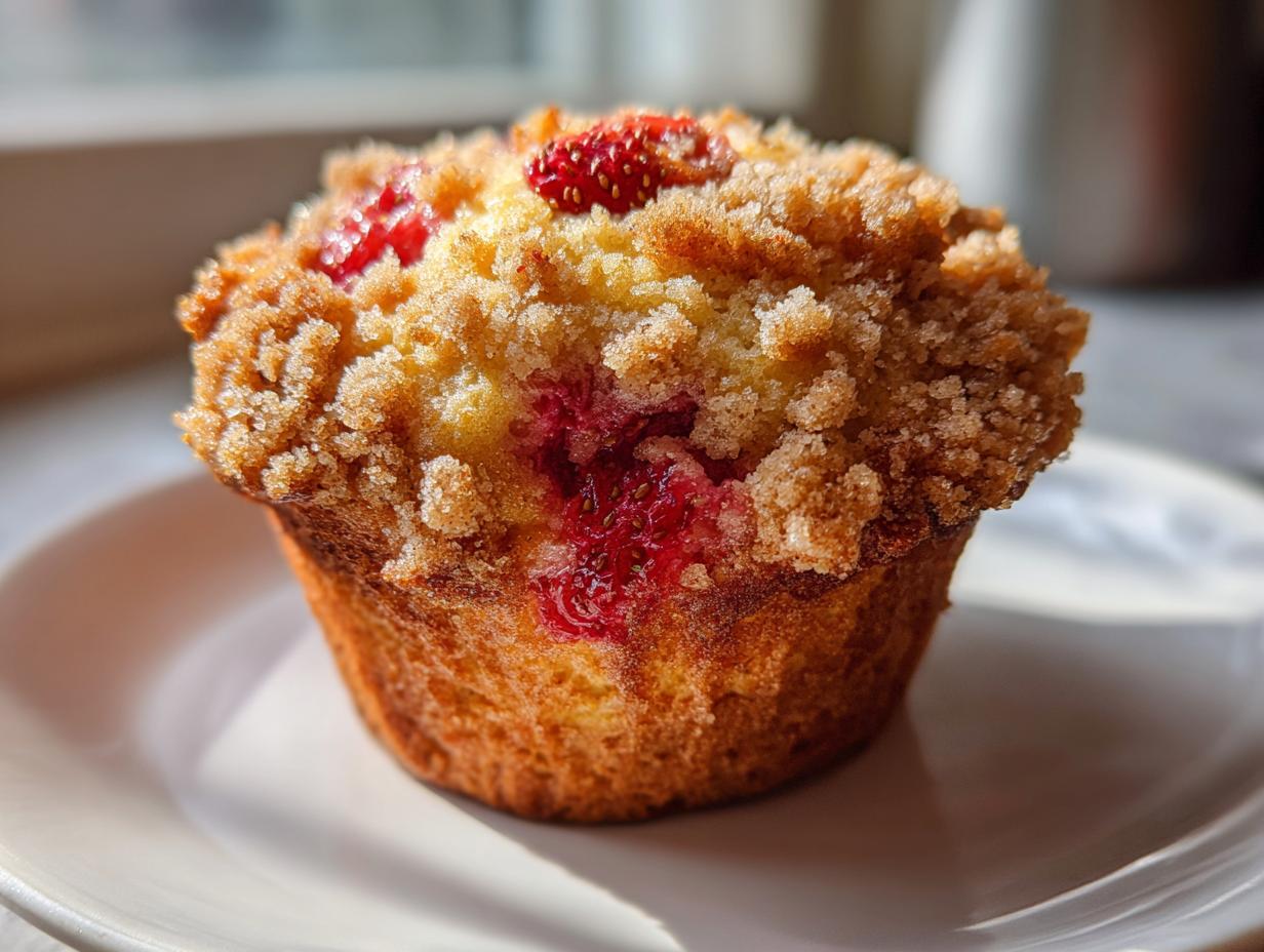 A close-up, brightly lit photo of a freshly baked strawberry muffin with a thick, sugary crumb topping.