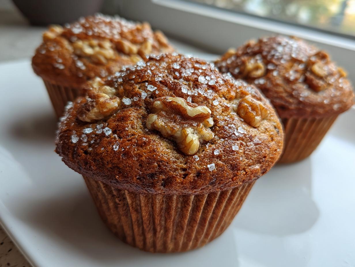 Close-up of three freshly baked banana nut muffins topped with walnuts and coarse sugar crystals.