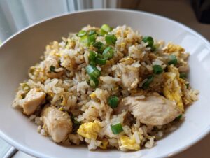 A close-up of a white bowl filled with savory chicken fried rice, featuring chunks of chicken, scrambled egg, and topped with fresh green onions.