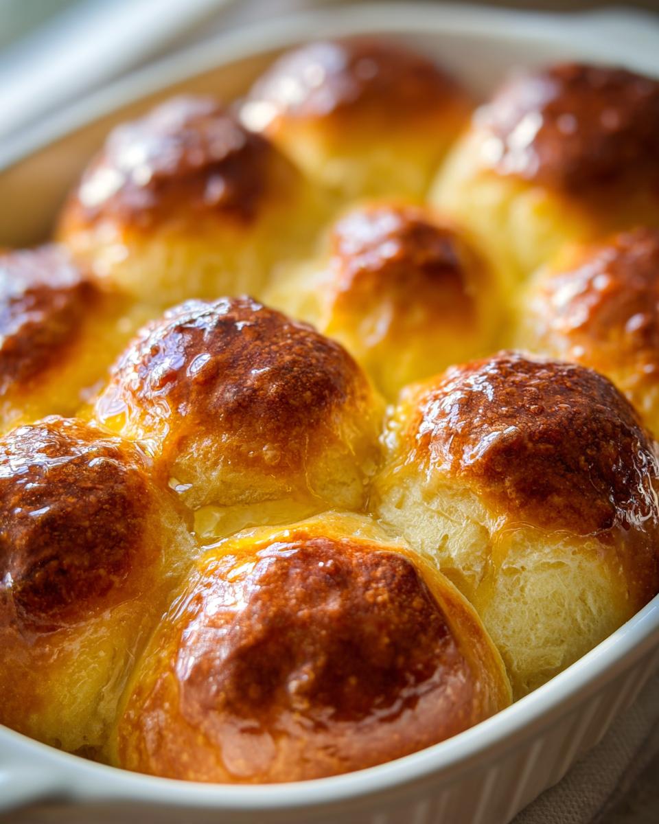 Close-up of freshly baked, golden brown dinner rolls with a shiny glaze nestled together in a white baking dish.
