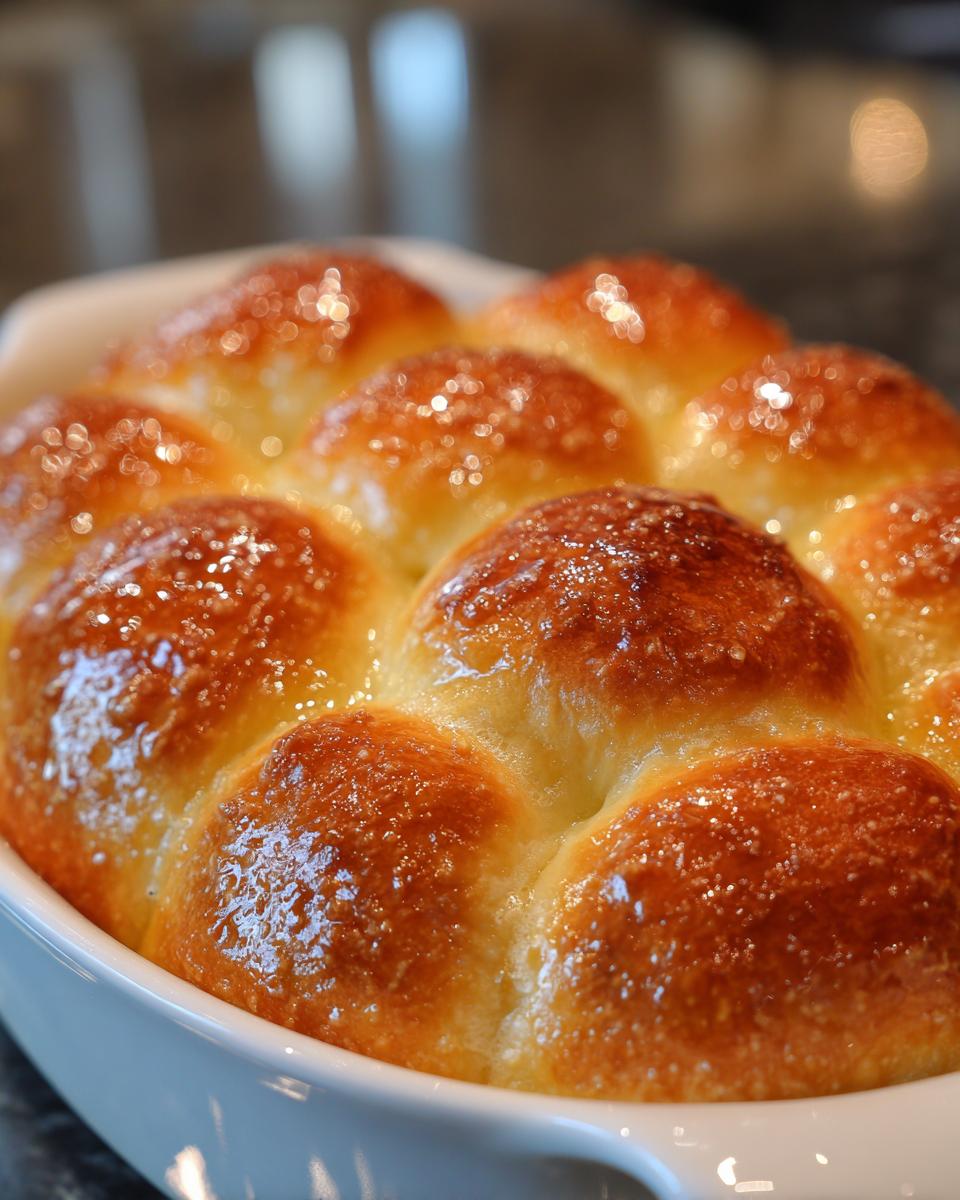 Close-up of freshly baked, golden brown dinner rolls glistening with butter or glaze in a white dish.