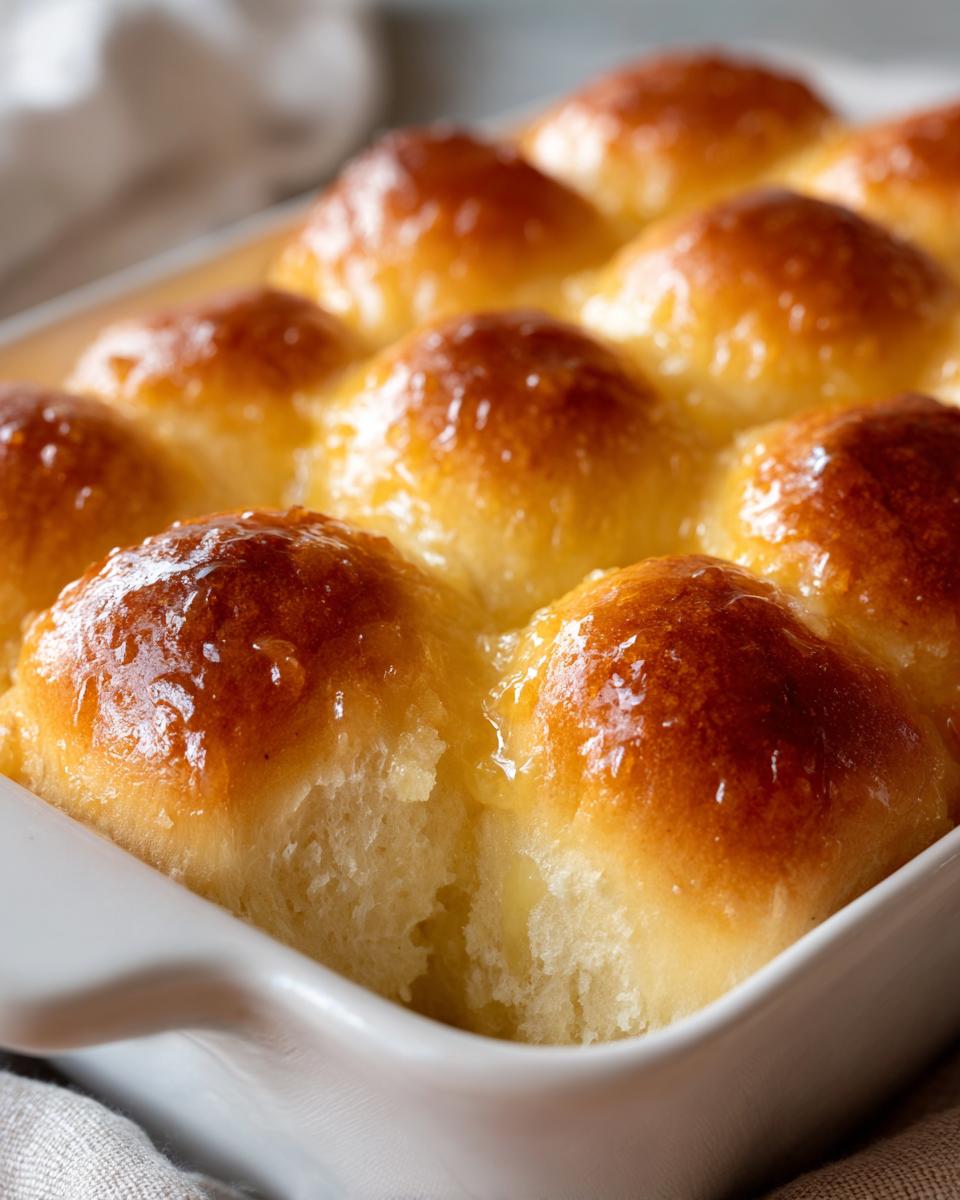 Close-up of freshly baked, golden brown dinner rolls covered in a shiny glaze in a white baking dish.
