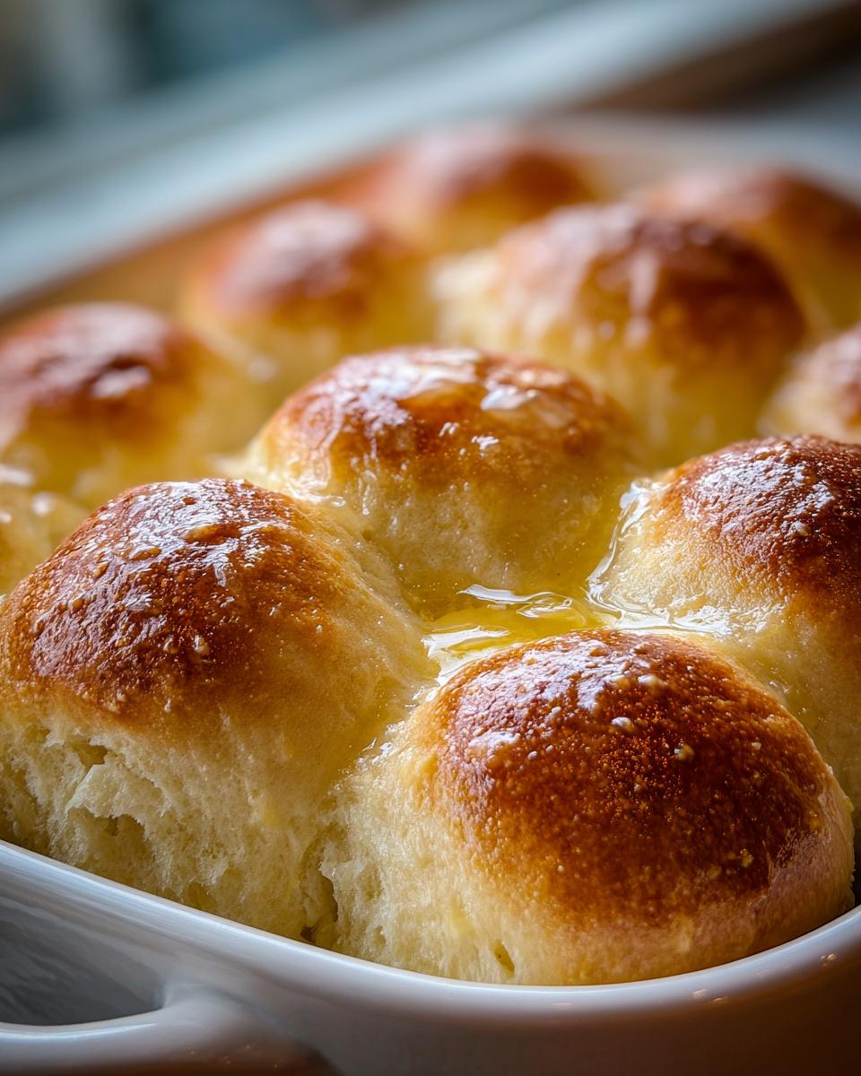 Close-up of warm, fluffy dinner rolls baked together in a dish and generously brushed with melted butter.
