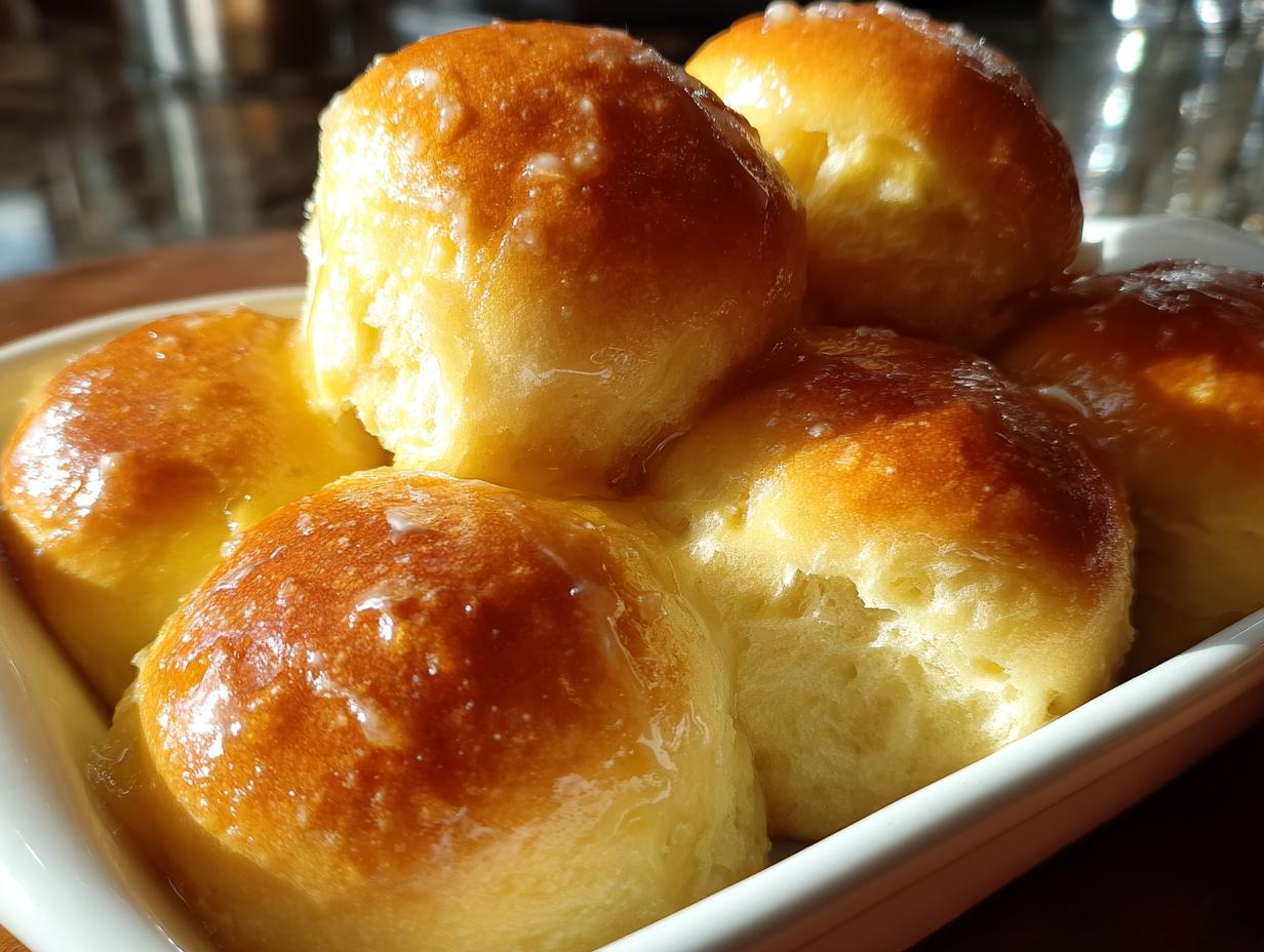 Close-up of several golden-brown, fluffy dinner rolls stacked in a white dish, glistening with a light glaze.
