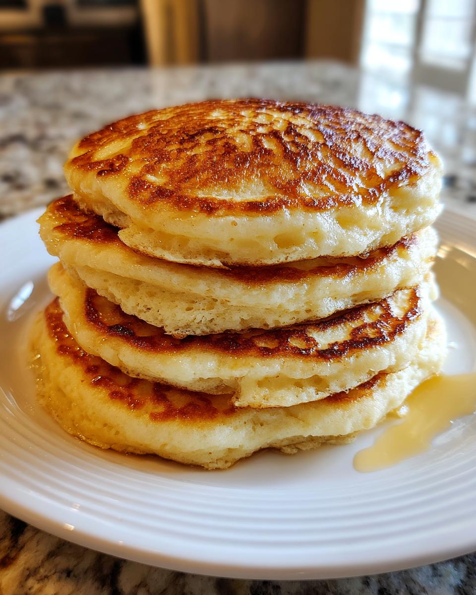 A tall stack of four golden-brown greek yogurt pancakes drizzled with syrup on a white plate.