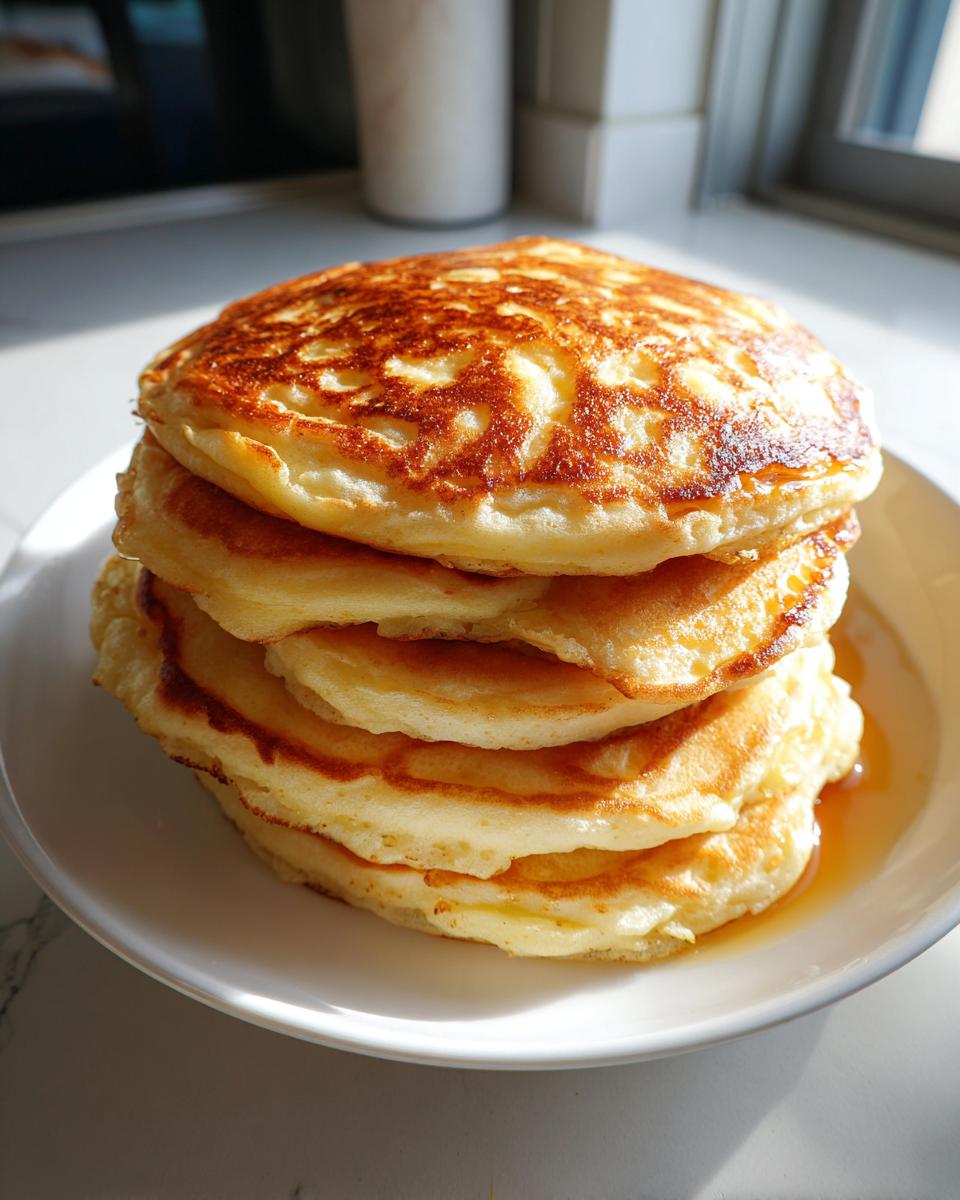 A tall stack of golden brown greek yogurt pancakes drizzled with syrup on a white plate.