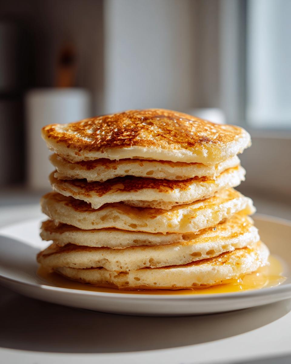 A tall stack of five fluffy greek yogurt pancakes drizzled with golden syrup on a white plate.
