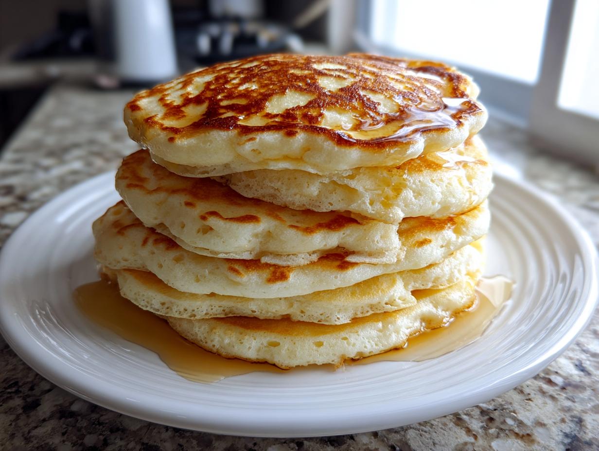 A tall stack of five fluffy greek yogurt pancakes drizzled with maple syrup on a white plate.